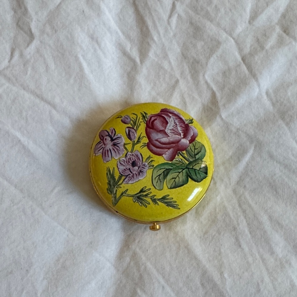 Vintage Halcyon Days Enamel Quartz Travelling Alarm Clock in Yellow Floral